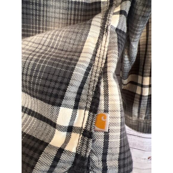 Carhartt women’s hooded flannel button up shirt, gray, and white size small 4/6 - Picture 3 of 13